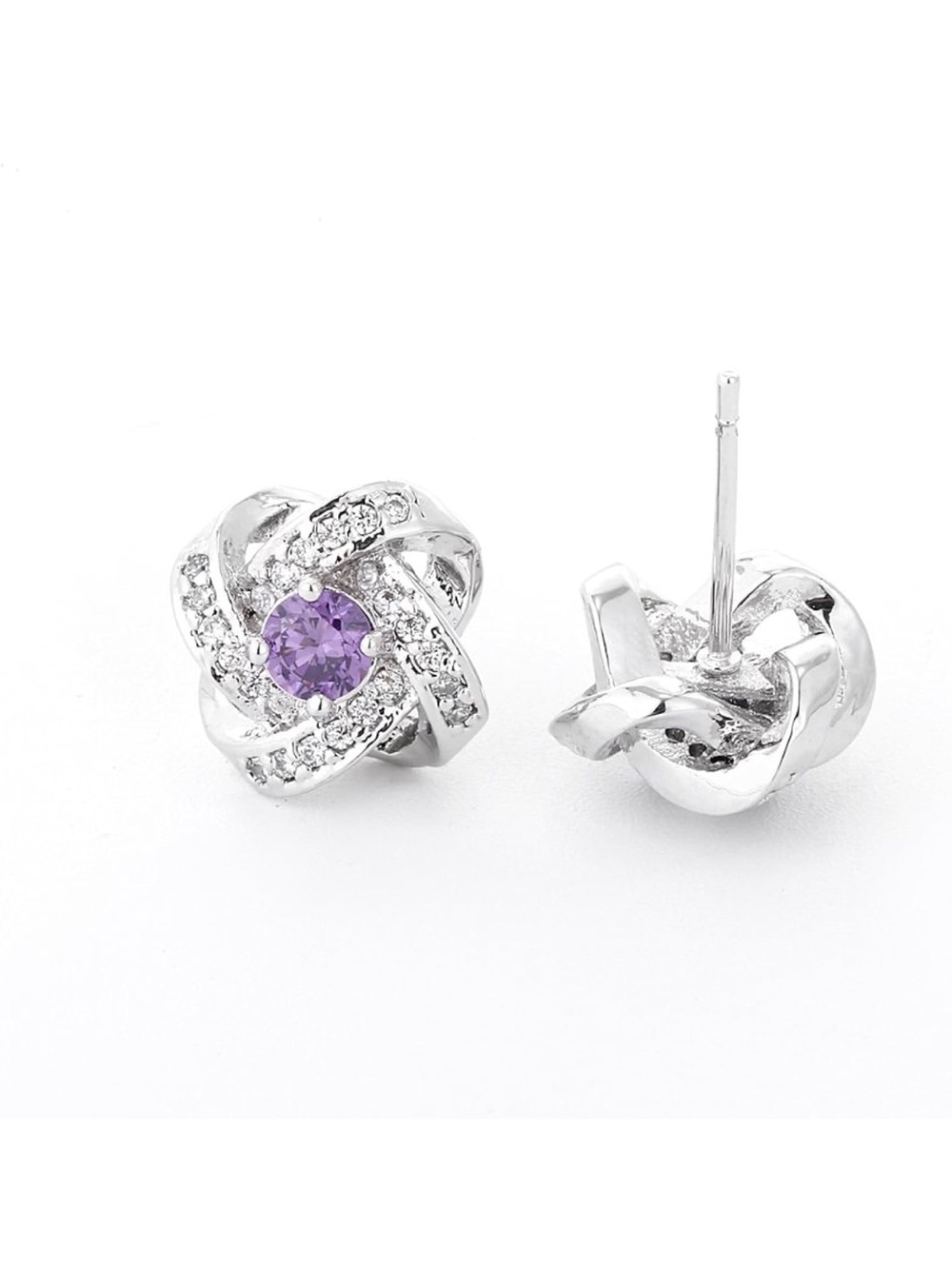 Sterling Silver Purple Cubic Zirconia Knot Stud Earrings